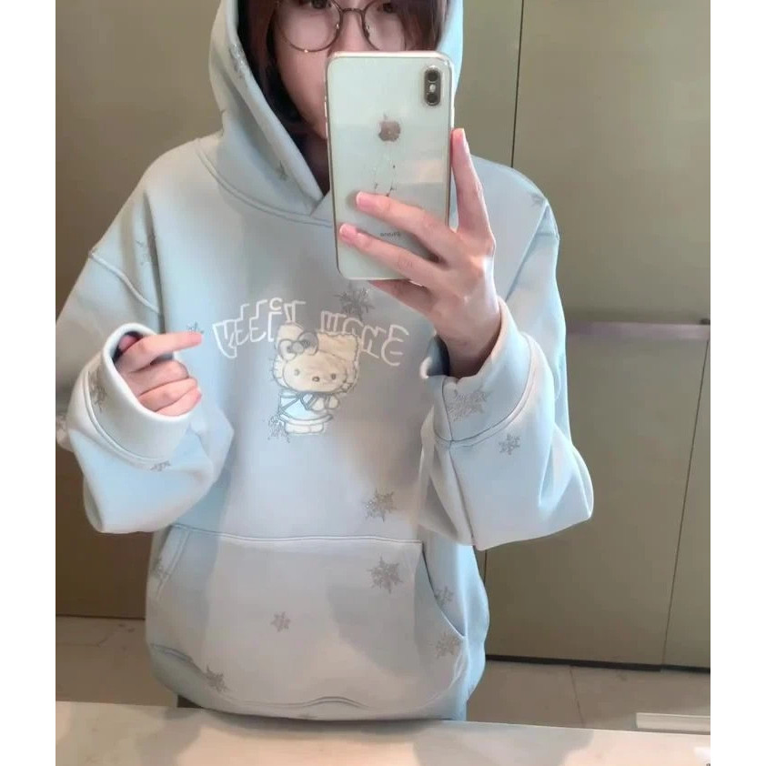Mulheres Doce Gato Bordado Neve Impressão Hoodies Moda Solta Pullovers Casuais