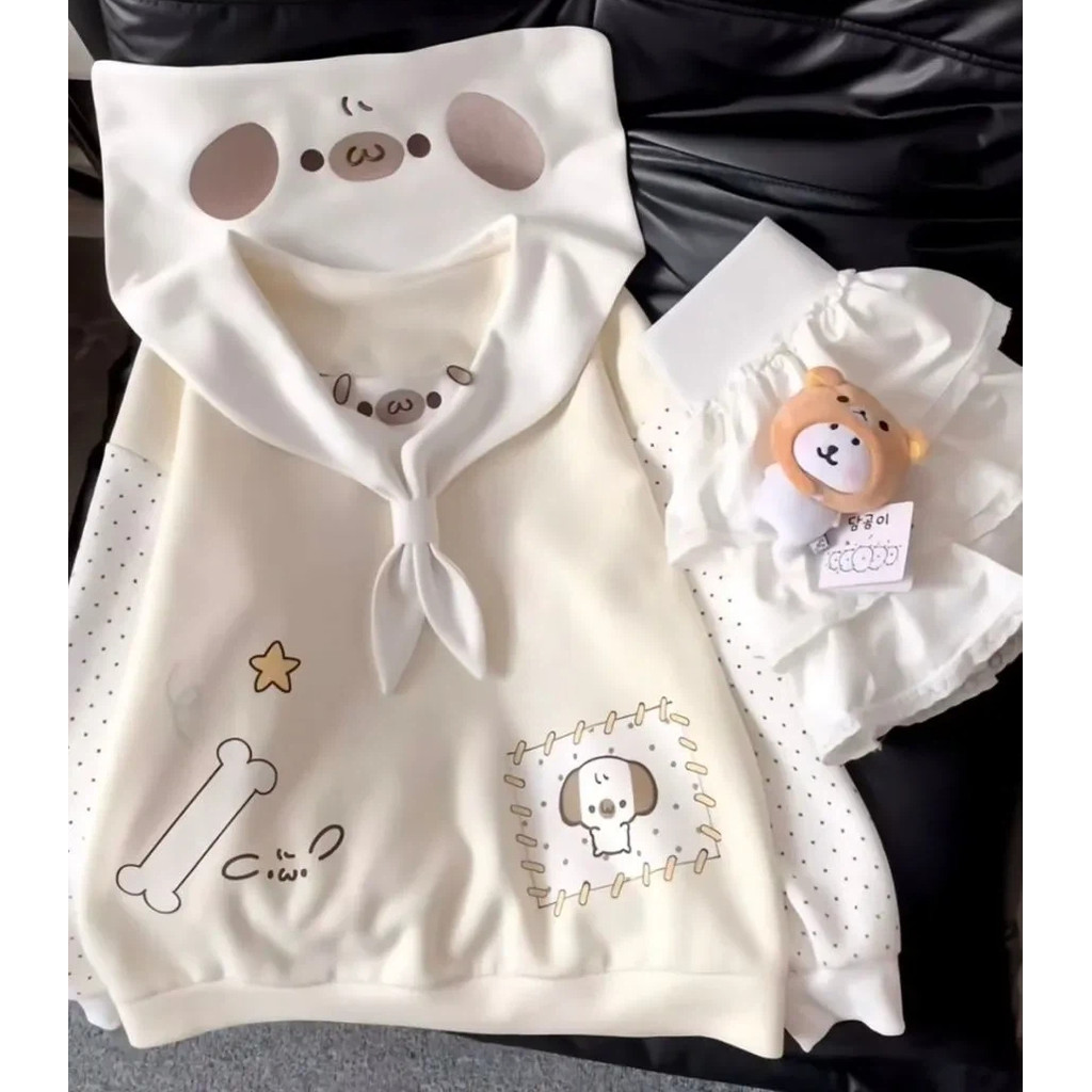 Feminino Bonito Subcultura Impressão Gola Marinha Moletom Moda Ponto Solto Mangas Compridas Pullovers