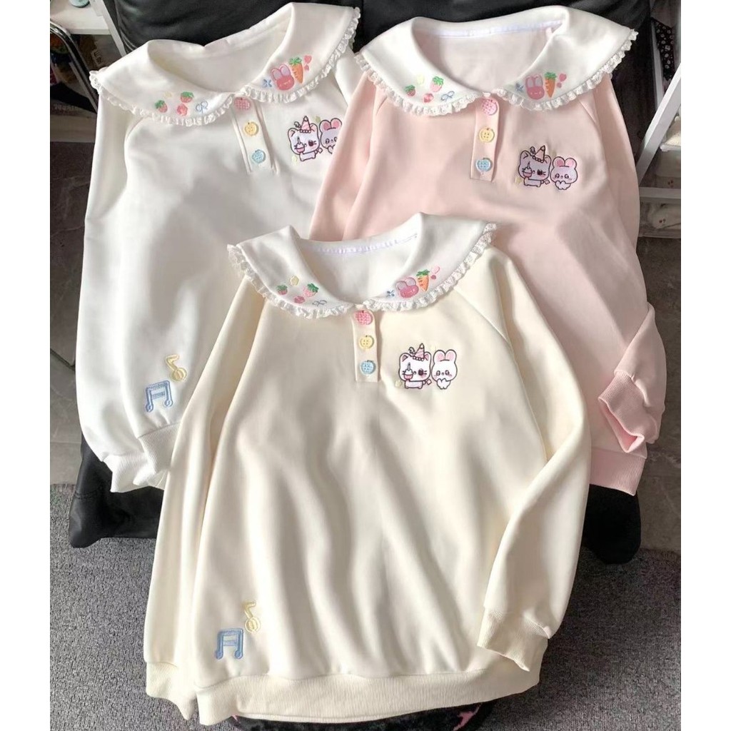 Mulheres Bonito Bordado Bonecas Colarinho Moletom Moda Doce Solto Pullovers Casuais