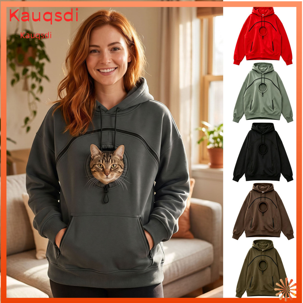Loose Fit Hoodie Pet Carrying Women’s Carrier with Head Hole Oversized Pullover Sweatshirt Zipper Pockets Comfortable