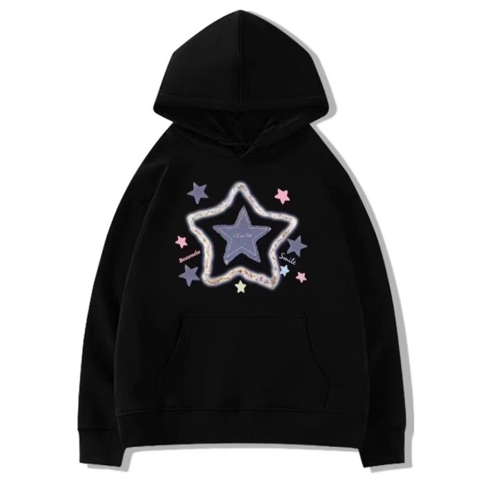 Moletom Americana Retro Grande Com Capuz Solto De Inverno Feminina Nova Estrela Da Moda Coreana Impressão Pullover