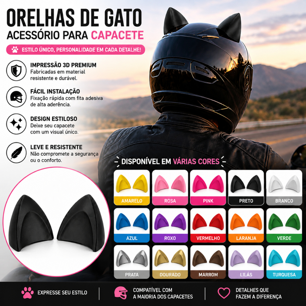 Orelha De Gato Acessório Moto Bike Fixar Capacete Dupla Face Enfeite Decoração Cat Ears Par de Orelinhas Gatinho Fone