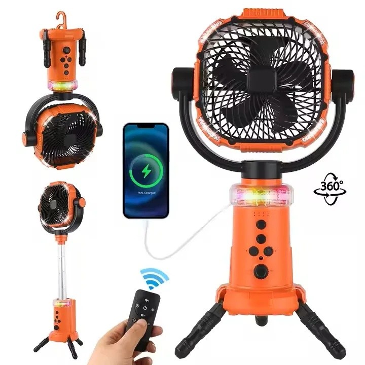 Ventilador de Mesa com Bateria de 20000mAh, Ventilador de Acampamento ao Ar Livre com Luz LED, Ventilador Recarregável U