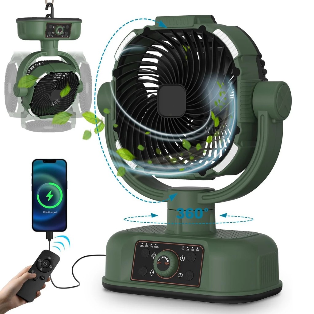 Ventilador de camping com bateria de 20000mAh, lâmpada LED, funciona com pilhas, ventilador de mesa para uso ao ar livre