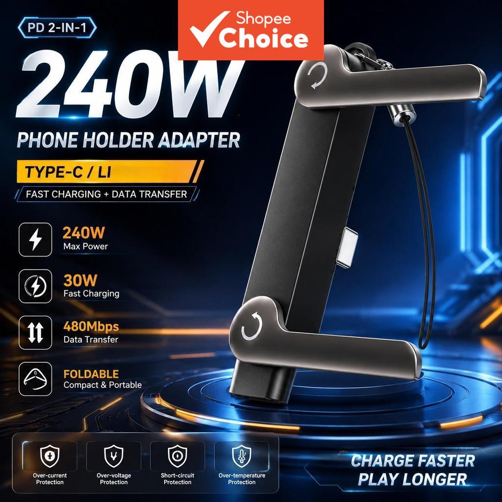 Adaptador OTG 2 em 1 USB-C 240 W/Lightning 30 W com suporte para telefone e cordão portátil para jogos e streaming