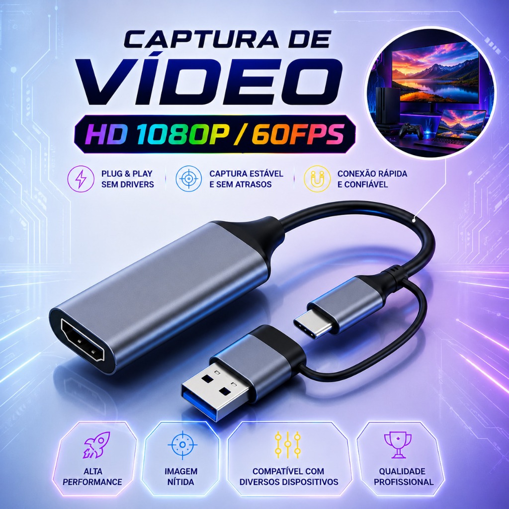 Placa De Captura De Vídeo Externa HDMI USB 4K 1080p 60FPS Streaming Gamer Full HD