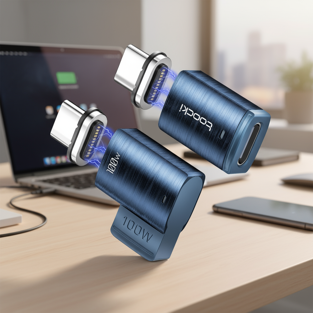 Adaptador de carregamento rápido magnético Toocki USB-C para USB-C, 100W, conversor tipo C OTG em cotovelo.