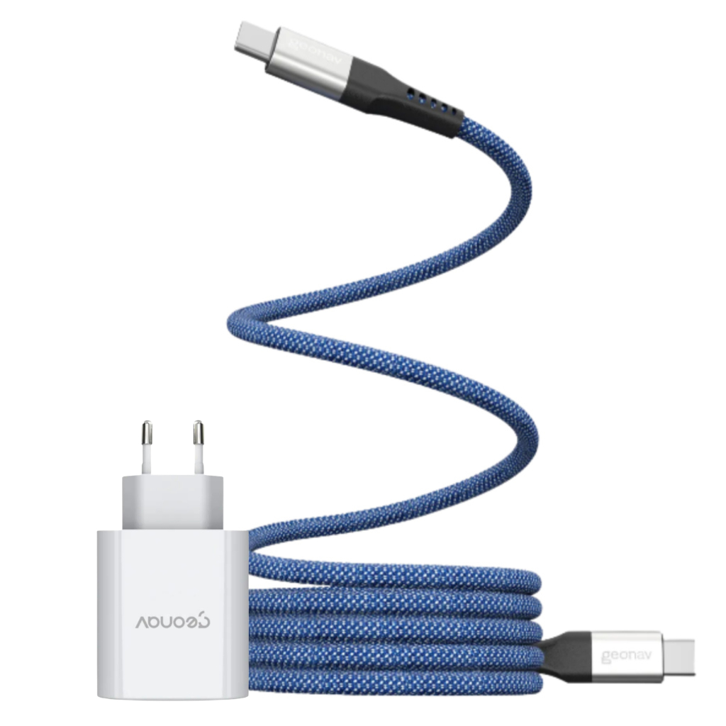 Kit Geonav: Carregador 65W com 2 Portas (USB-C + USB-A) + Cabo Magnético 1,2m 100W Azul