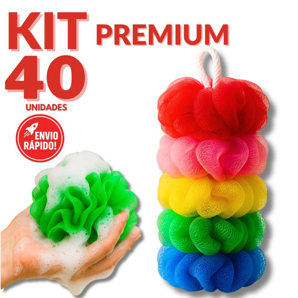 Kit 10 20 30 40 Esponjas de Banho Premium Relaxante Cores Sortidas Nylon com Cordinha Durável Bucha