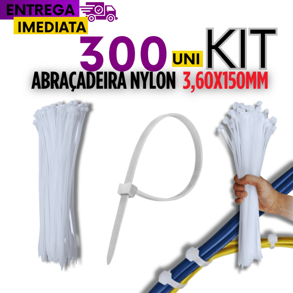 Kit 300 Unidades Cinta Plástica Abraçadeira Nylon 3,60x150mm Branca Qualidade Garantida Resistente Durável