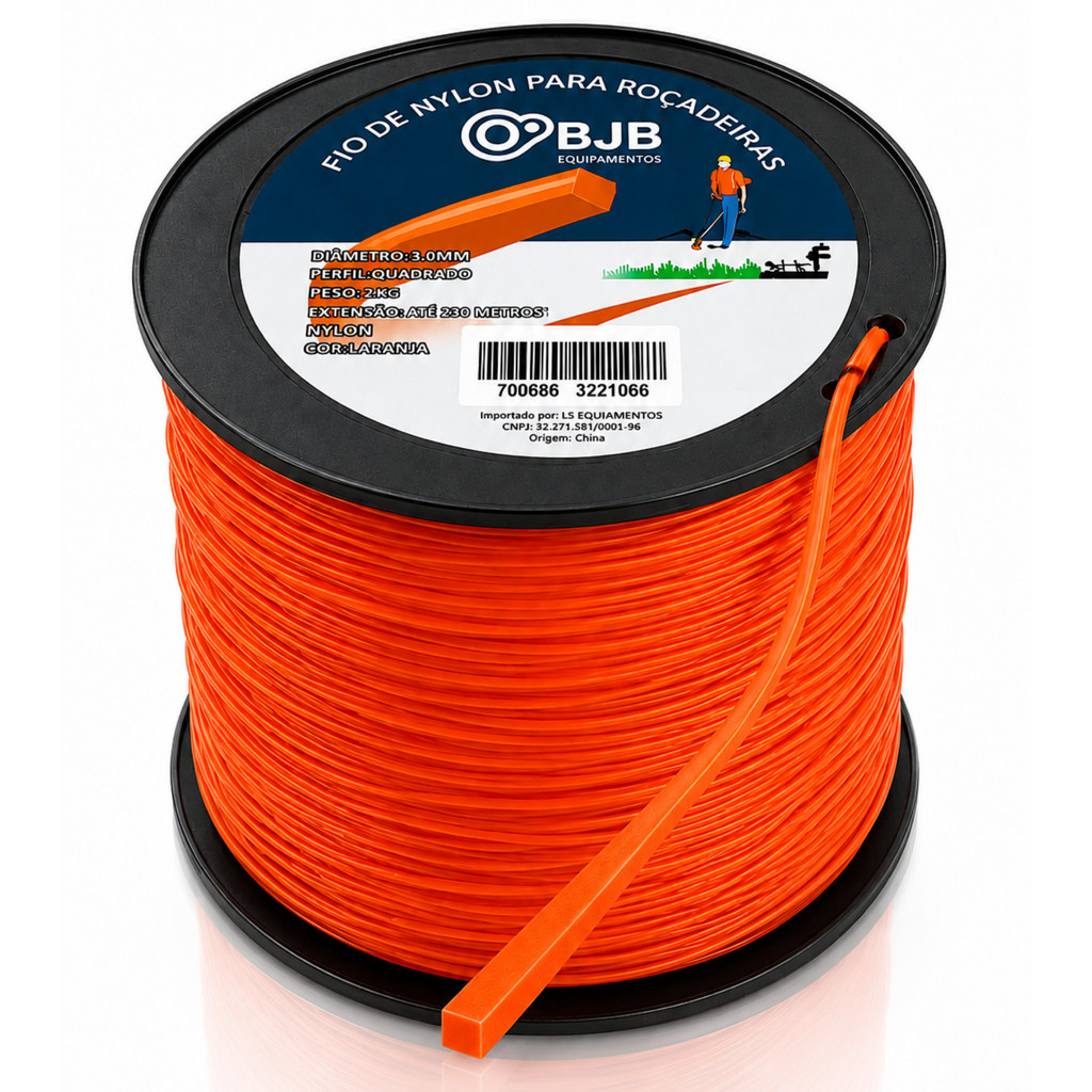 Fio de Nylon Quadrado 3mm 230m Laranja Multimarcas Para Roçadeira Universal - Resistente e Durável - Bobina com 2 kg