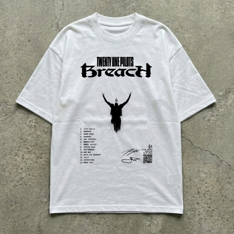 Camiseta Oversized Twenty One Pilots Breach Tracklist Unissex Fan Merch