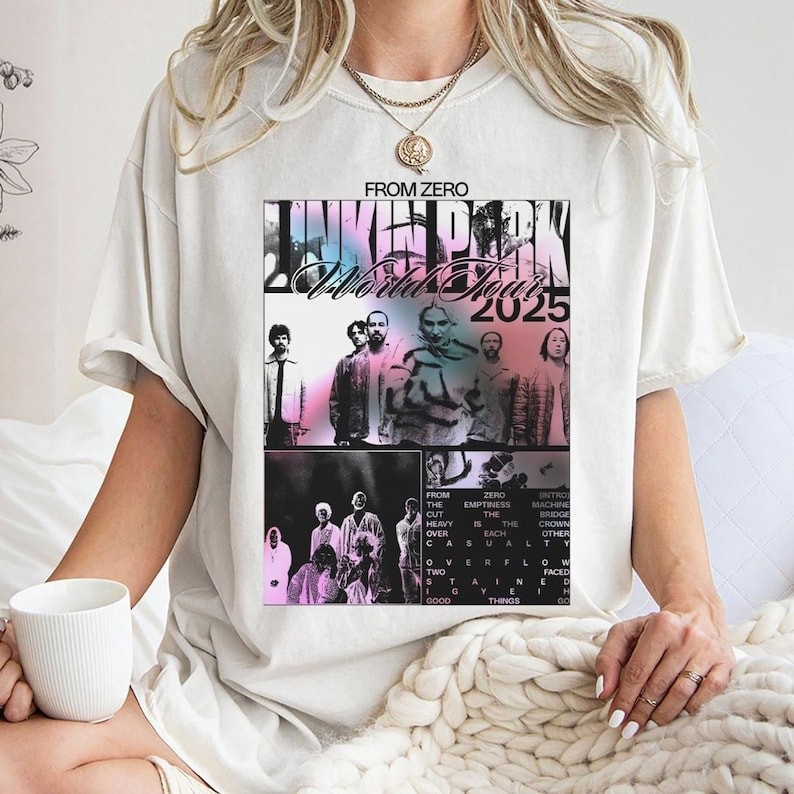 Camiseta Unissex Masculina e Feminina Branco Camisa Linkin Park Unisex From Zero World Tour 2025 Rock Band Concert Merch