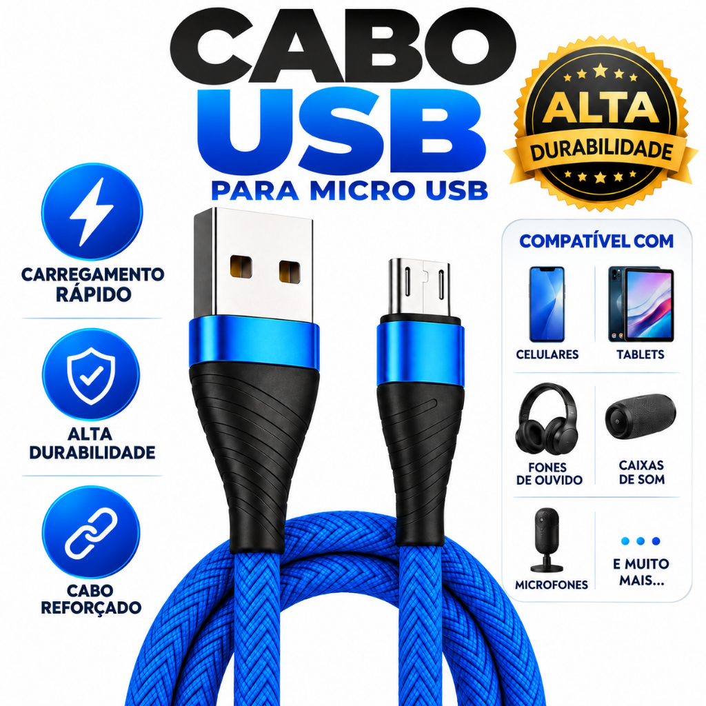 Cabo Carregador Micro Usb V8 Reforçado Carregamento Rápido