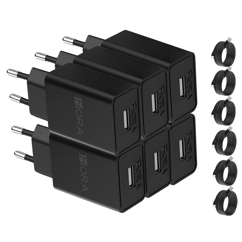 KIT 6X Carregador Usb 1Hora + Cabo Micro Usb/Usb A Preto