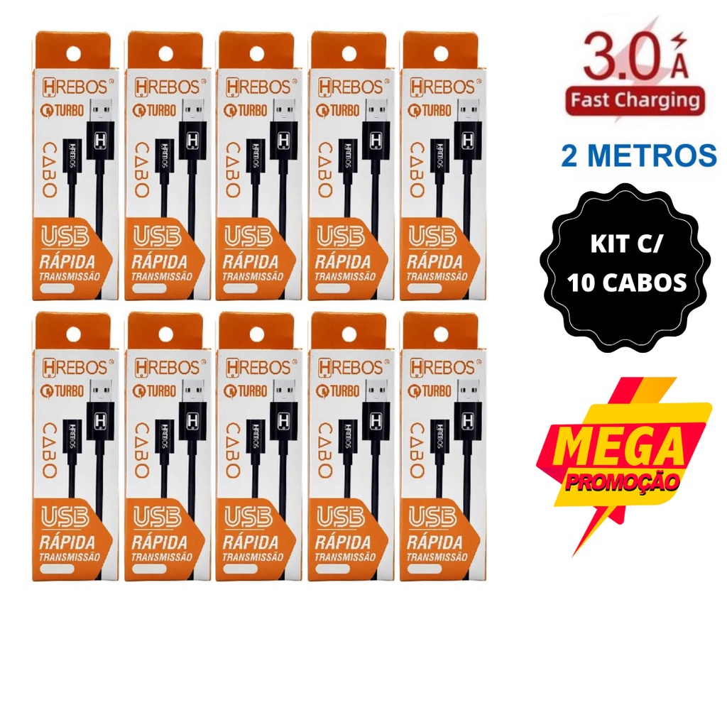 Kit com 10 Cabos V8 Micro USB de 2 metros para Carregador ou transferir dados Atacado para Revender
