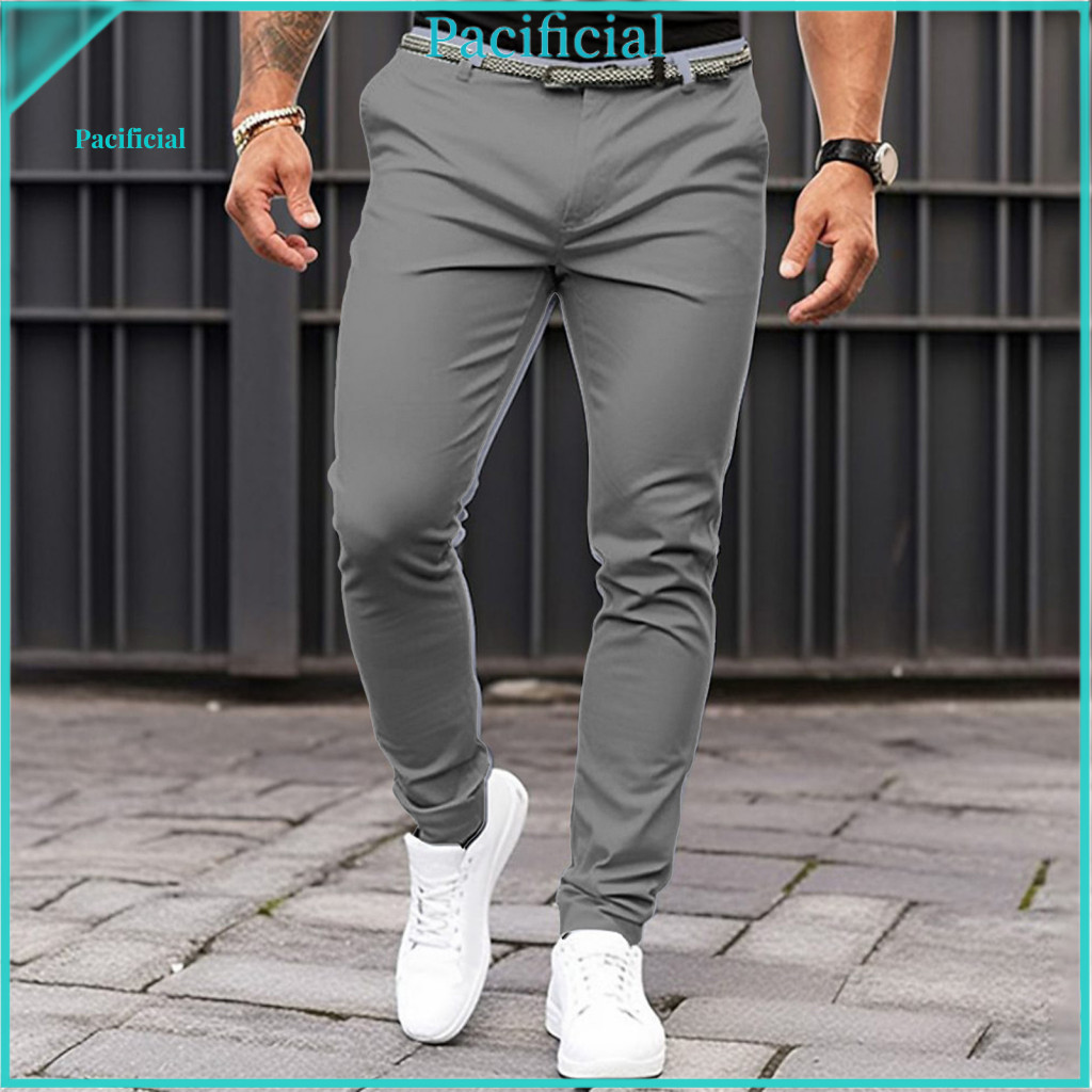 Slim Fit Suit Pants Men Dress Men's Business Mid-rise Solid Color Trousers with Zipper Fly Slant Pockets Fine Sewing for