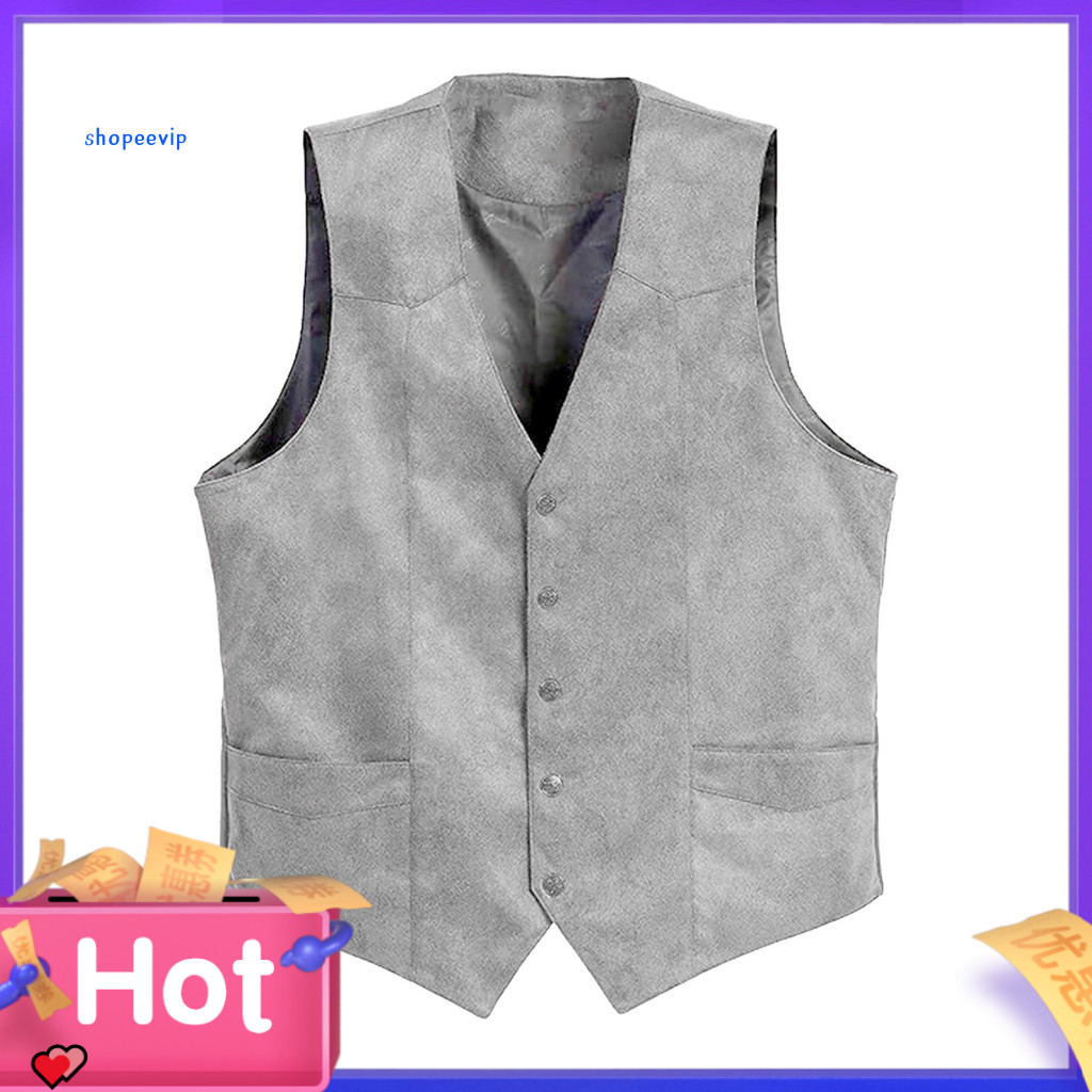 V-neck Suit Vest Men's Slim Fit Waistcoat with Pockets Single Breasted Formal Business Sleeveless Solid Color Dress for