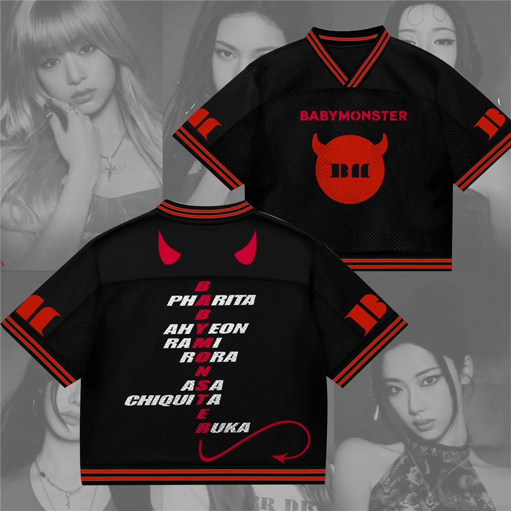 【NEW!】BABYMONSTER Member List V-Neck Jersey Black Red Devil Logo Mesh Quick Dry Unisex Kpop Concert Fan Merch Top