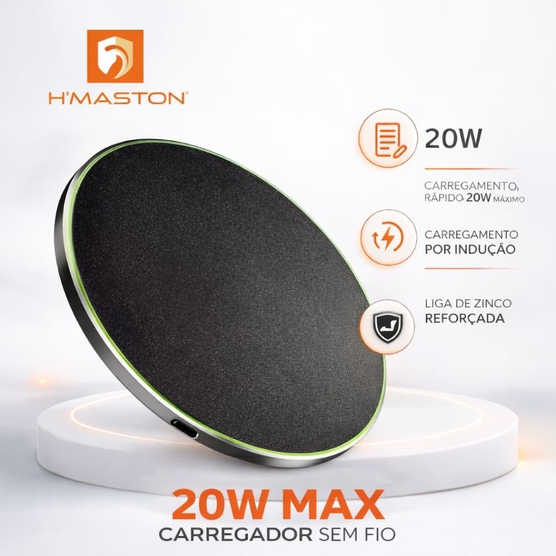Carregador Sem Fio Indução 20W H'Maston YS10 Wireless Charger Qi Rápido Android iPhone