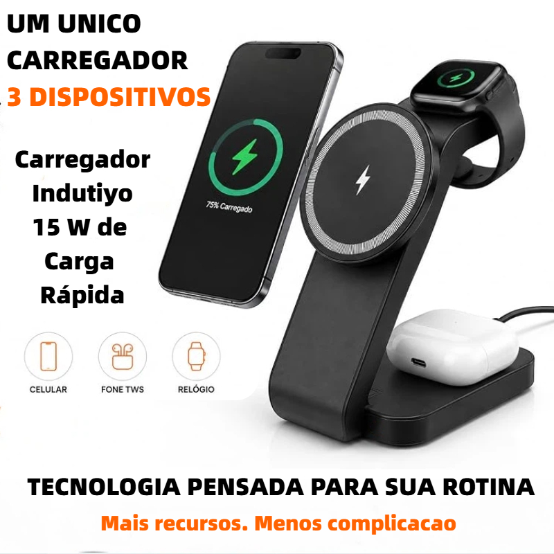 Magnético Carregador Por Indução Sem Fio Wireless Carga Rápida 15w Para iPhone Android 3x1 Cor KD-9094