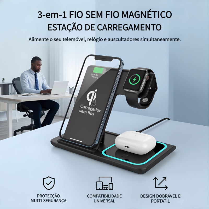 Carregador Wireless 3 em 1 Magsafe, Compatível iPhone/Samsung, 15W Rápido, Design Dobrável c/ Luz Ambiente