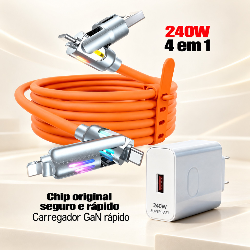 Cabo 4 em 1 2 Metros Multifuncional USB C USB A Micro USB Compatível iPhone Kit Opcional com Carregador 240W