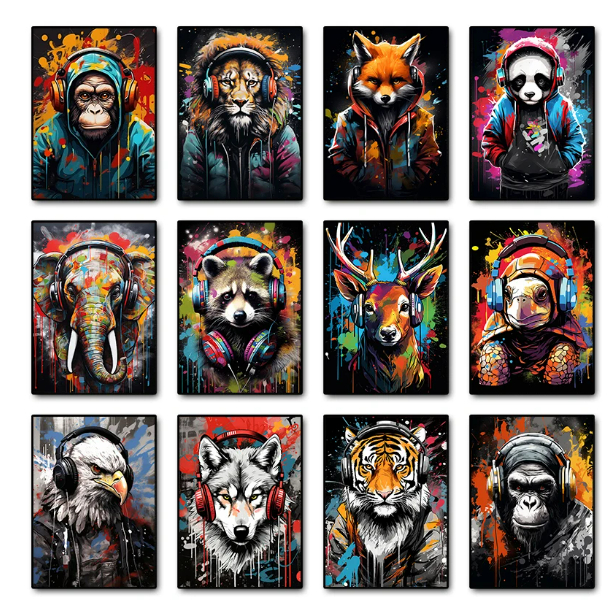 Quadro Graffiti Animal Gaming Posters, Macaco, Cão, Headphone,  Prints, Pintura, Wall Art, Picture for Teen Room, Gamer