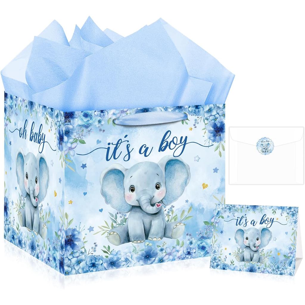 Extra Large Baby Boy Gift Bag Square Blue Elephant Baby Shower Bag for Boy with Wrapping Paper Card Sticker Envelope for