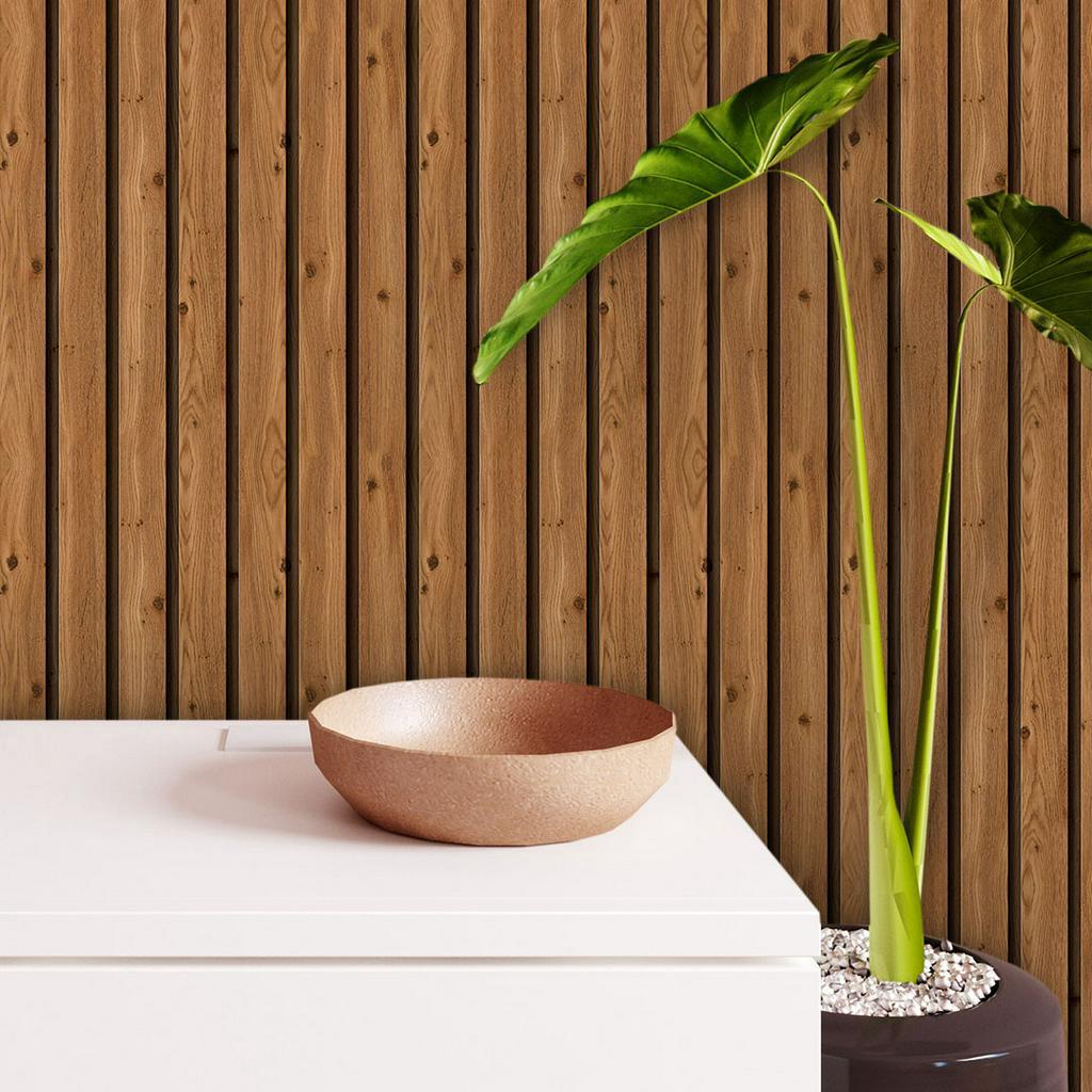 Papel de parede Adesivo Auto Colante Ripado Madeira Efeito Natural Ripas Vertical Lavável 3D