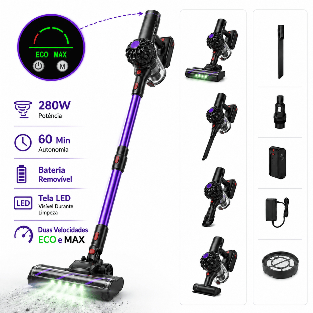 Aspirador de Pó WITPIXY V8 Sem Fio Bivolt Vertical 3 em 1 Portátil HEPA Recarregável Casa Sofá Carro