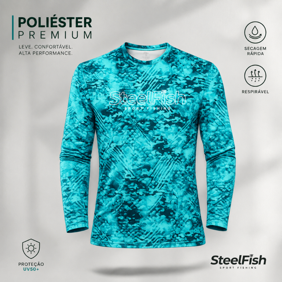 Camisa de Pesca Aqua Camo UV50+ Proteção Solar Manga Longa em Poliéster Pescaria Masculina Feminina