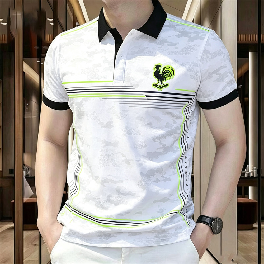 Camisa Polo Masculina De Manga Curta Galo Águia Emblema Impressão , Linha Geométrica Gradiente Camo Esportivo Moderno Gr