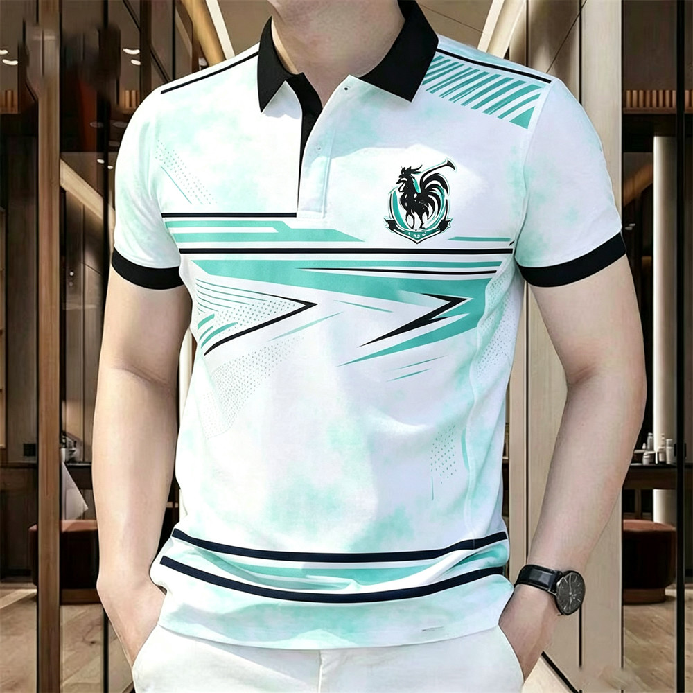 Camisa Polo Masculina De Manga Curta Galo Águia Emblema Impressão , Linha Geométrica Gradiente Camo Esportivo Moderno Gr