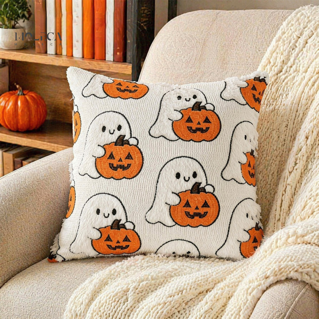 Halloween Pillow Covers Gift Ideas Ghost Pumpkin Cushion Cover Cute Embroidered Plush Throw Case for Sofa Bedroom Decor