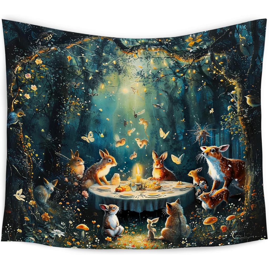 WARDOS Enchanted Forest Tapestry, Fantasy Woods Tapestry Wall Hanging, Magical Wildflower Forest Animal Wall Blanket Dec