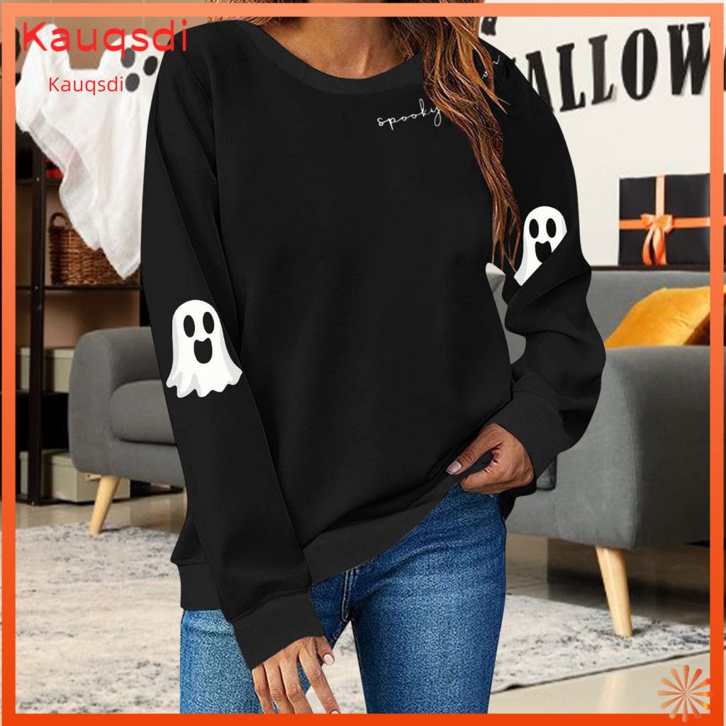 Halloween Sweatshirt Cotton Blend Season Print Pullover for Women – Cute Ghost Graphic Spooky Long Sleeve for Fall