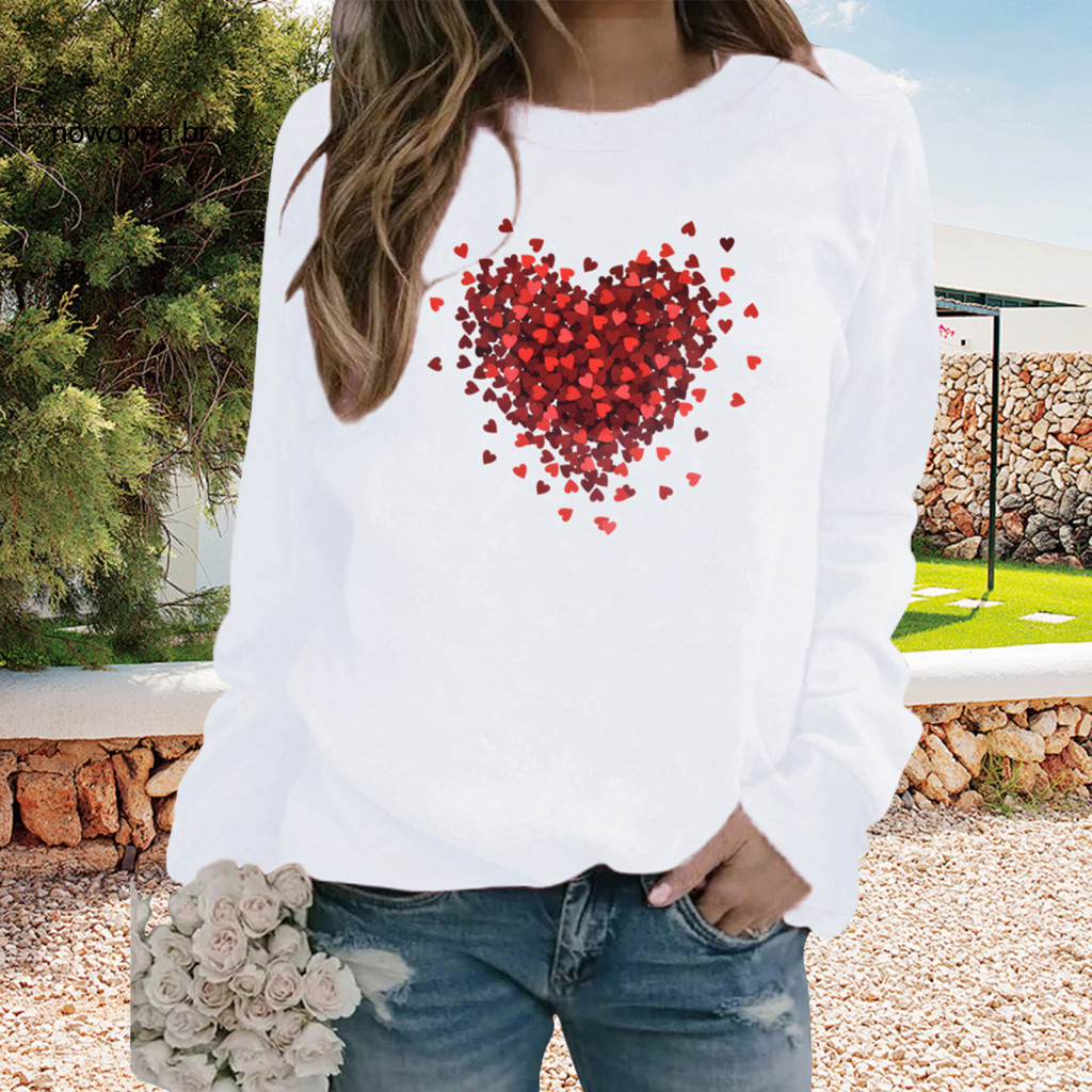 Women Valentine Day Hoodie Heart Printing Valentine’s Love Graphic Sweatshirt Crew Neck Long Sleeve Loose Pullover Top