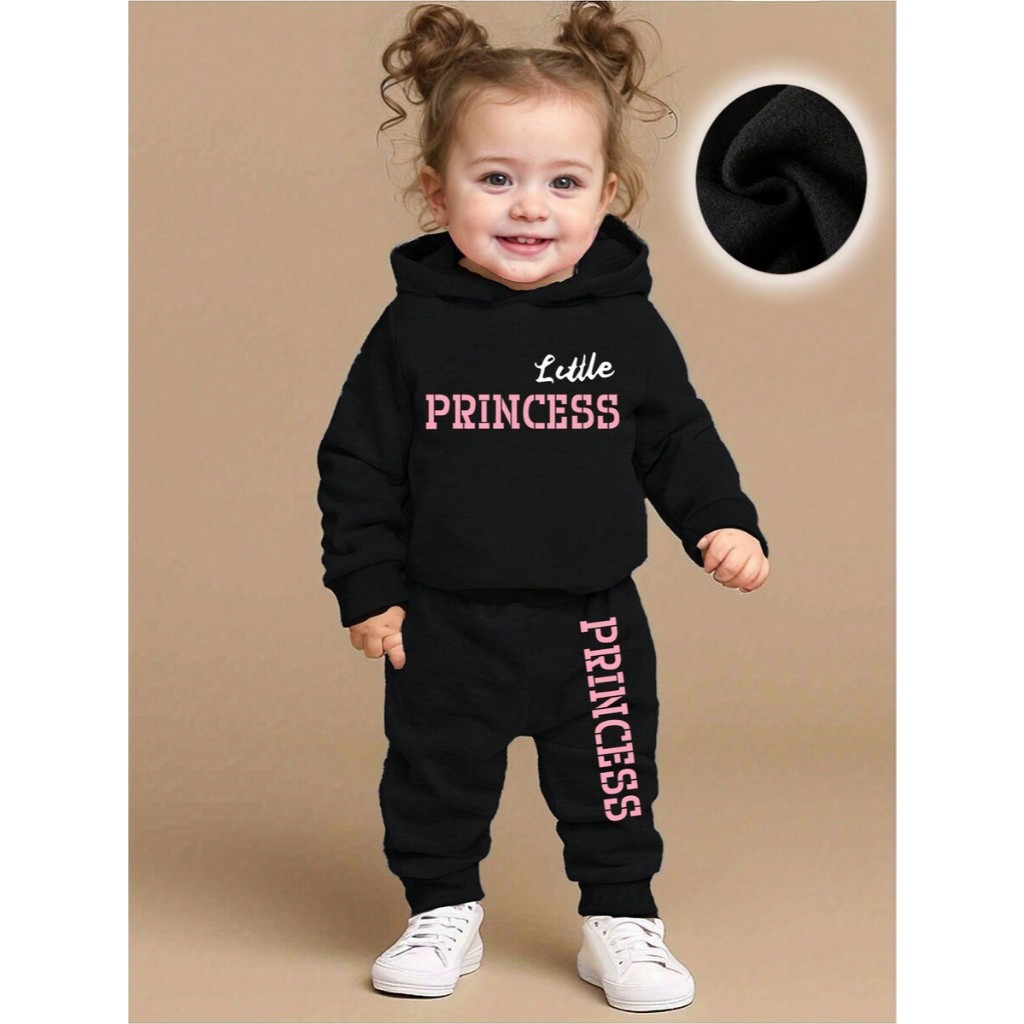 Conjunto Moletom Infantil Feminino Estampa Pequena Princesa Graphic Letter Algodão Flanelado Calça