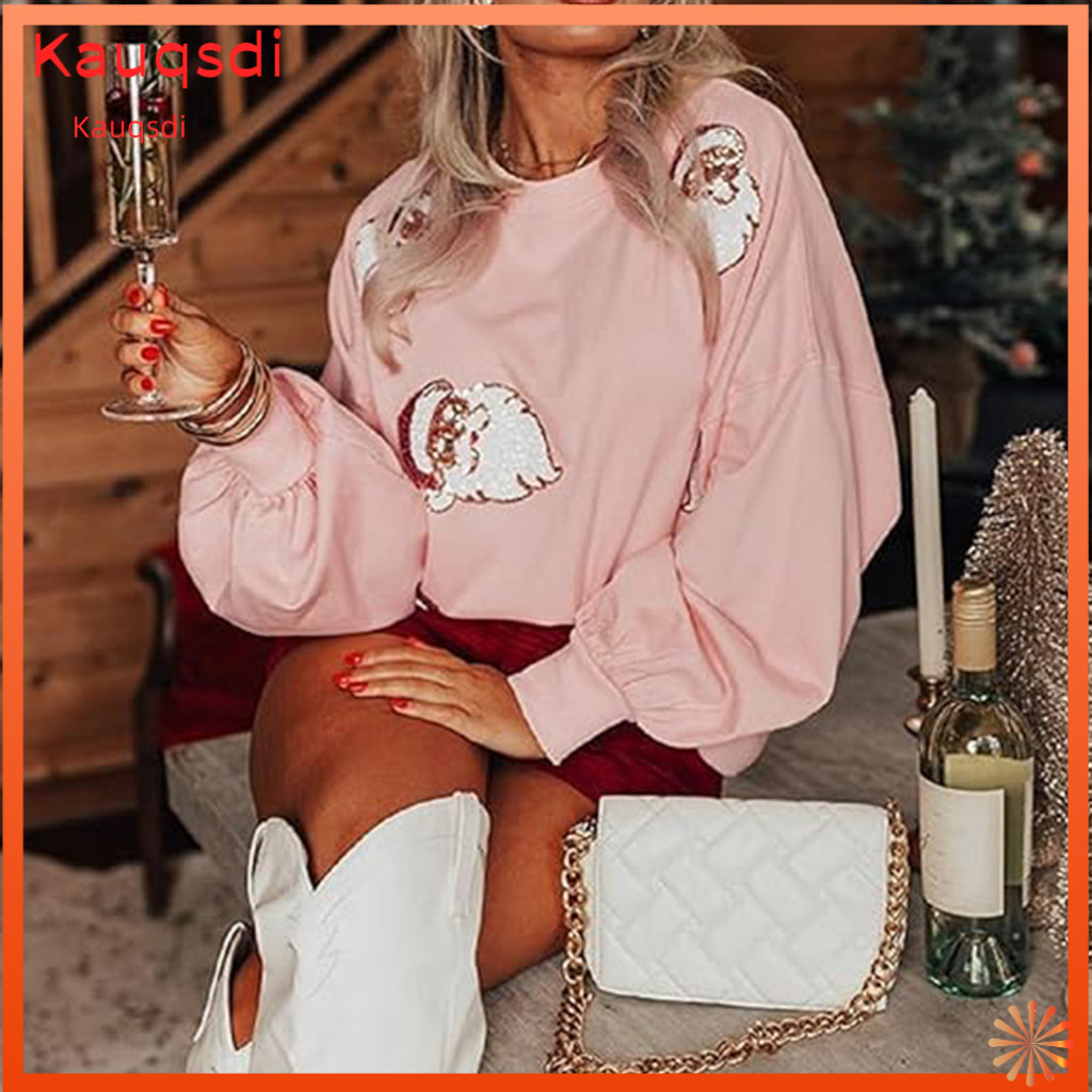 Women Long-sleeved Christmas Top Graphic Sweatshirt Women’s Round Neck Sequin Santa Pattern Loose Fit Lantern Sleeve f