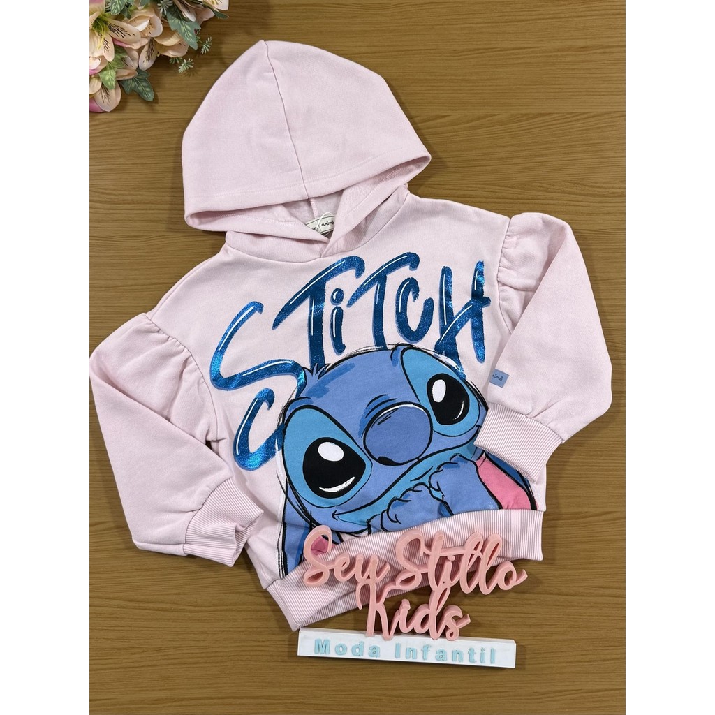 Moletom Infantil Animê Inverno Rosa Flanelado Stitch Disney