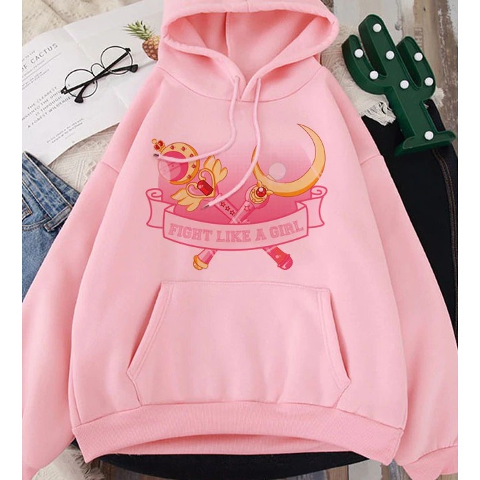 Moletom Canguru Anime Sailor Moon Japonês Fofo Fight Like A Girl Blusa de Frio Com Capuz Envio Imediato