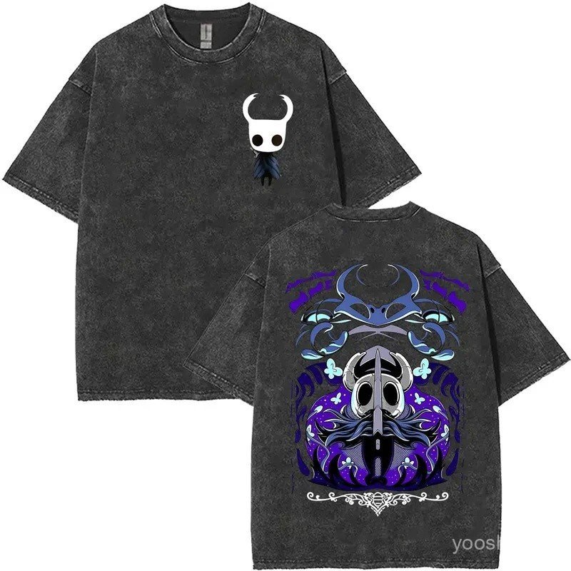 Hot Game Hollow Knight Vintage Washed T Shirts Men Women Double Sided Print Short Sleeve T-shirt Cosplay Clothing Fashio