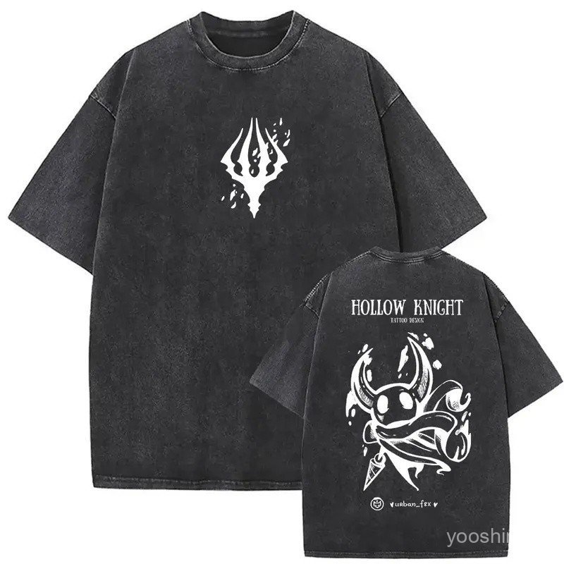 Vintage Washed Hollow Knight Print T-Shirts Men Women Fashion Gothic Short Sleeve T Shirt Summer Cotton Casual Oversized