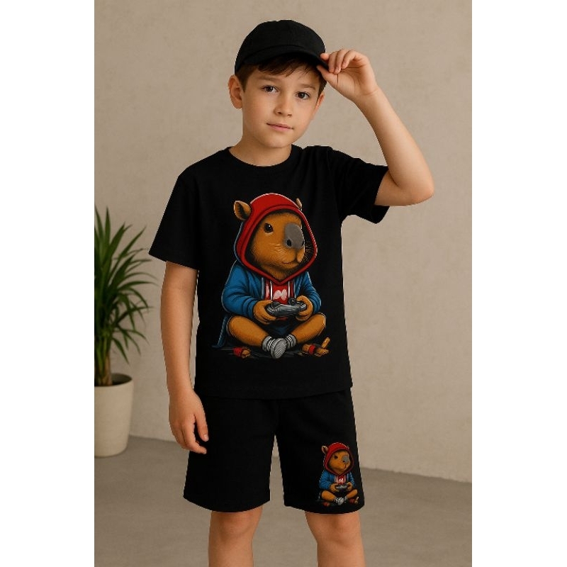 Conjunto Infantil Menino com estampa capivara Camiseta Algodão Premium + Bermuda Moletom com Bolsos – Do Tamanho 2 ao 16