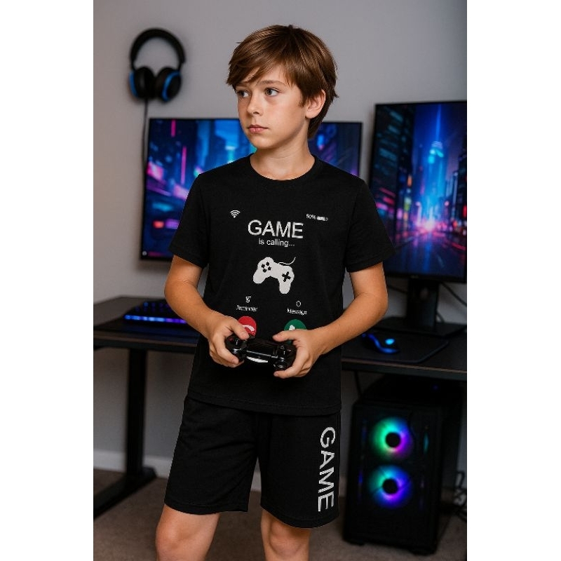 Conjunto de camiseta 100% algodão e bermuda moletom com bolso lateral menino, estampa de Games, verão