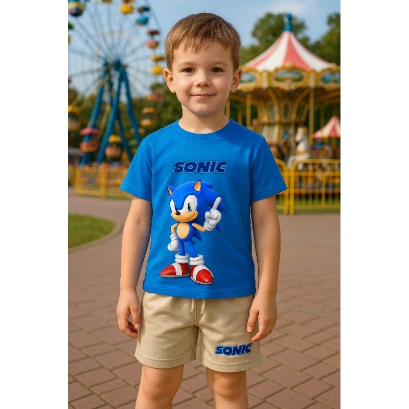 Conjunto Infantil Sonic Camiseta Algodão Premium + Bermuda Moletom c/ Bolso Festa 2 ao 16 Azul e Preto