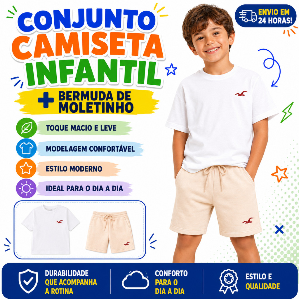 Kit Bermuda Bege Com Bolso + Camiseta Algodão Moda Infantil Kids Juvenil