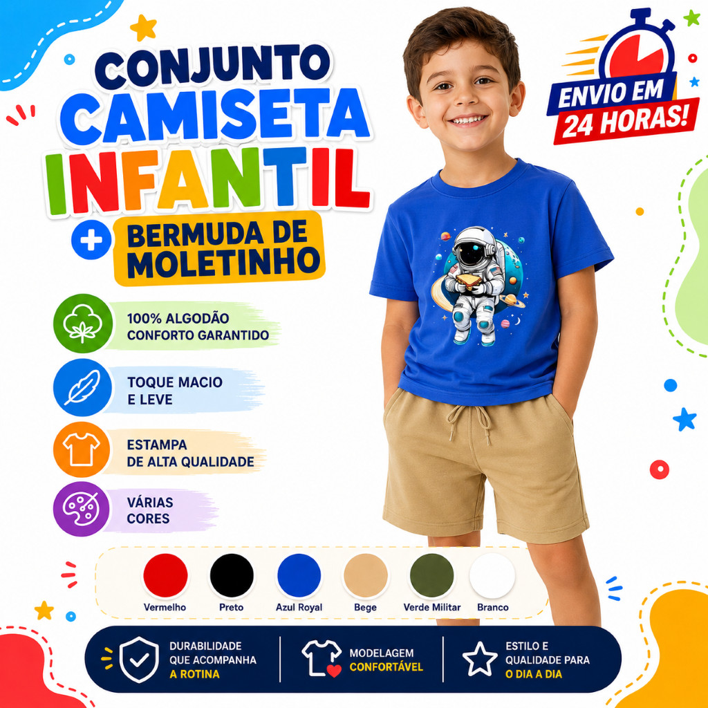 Conjunto Bermuda Bege Com Bolso Camiseta Astronauta Algodão Lisa Infantil Kids Juvenil