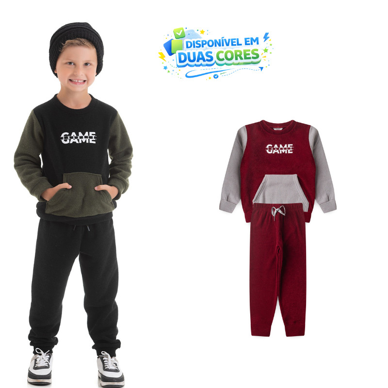Conjunto Manga Longa Infantil Masculino Menino Inverno Peluciado Casaco com Bolso e Aplique Game